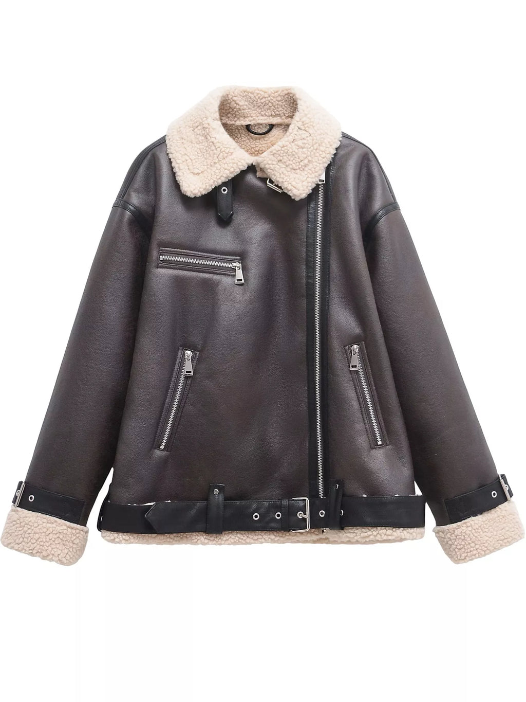 Dark brown faux leather zip-up jacket with belt, view 7
