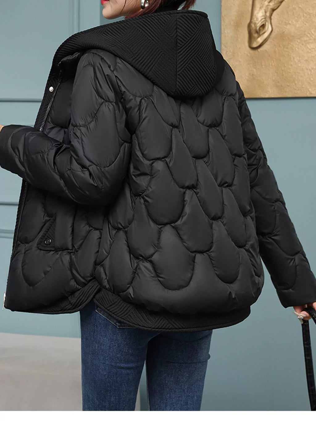 Plus size quilted hooded puffer jacket with snap buttons, view 6