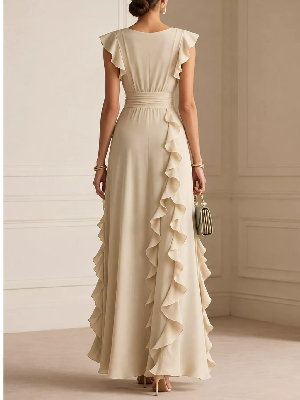 Sleeveless ruffled surplice maxi dress by Trendsi featuring flowing fabric and elegant design, perfect for summer occasions.