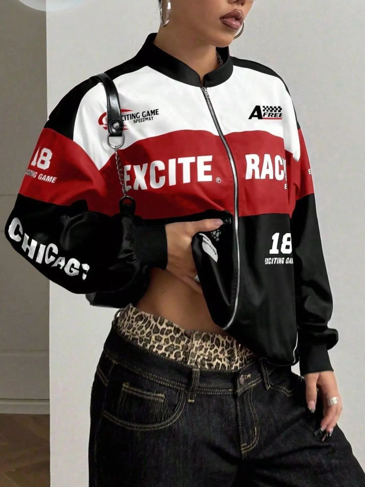 Letter print zip-up jacket, view 2