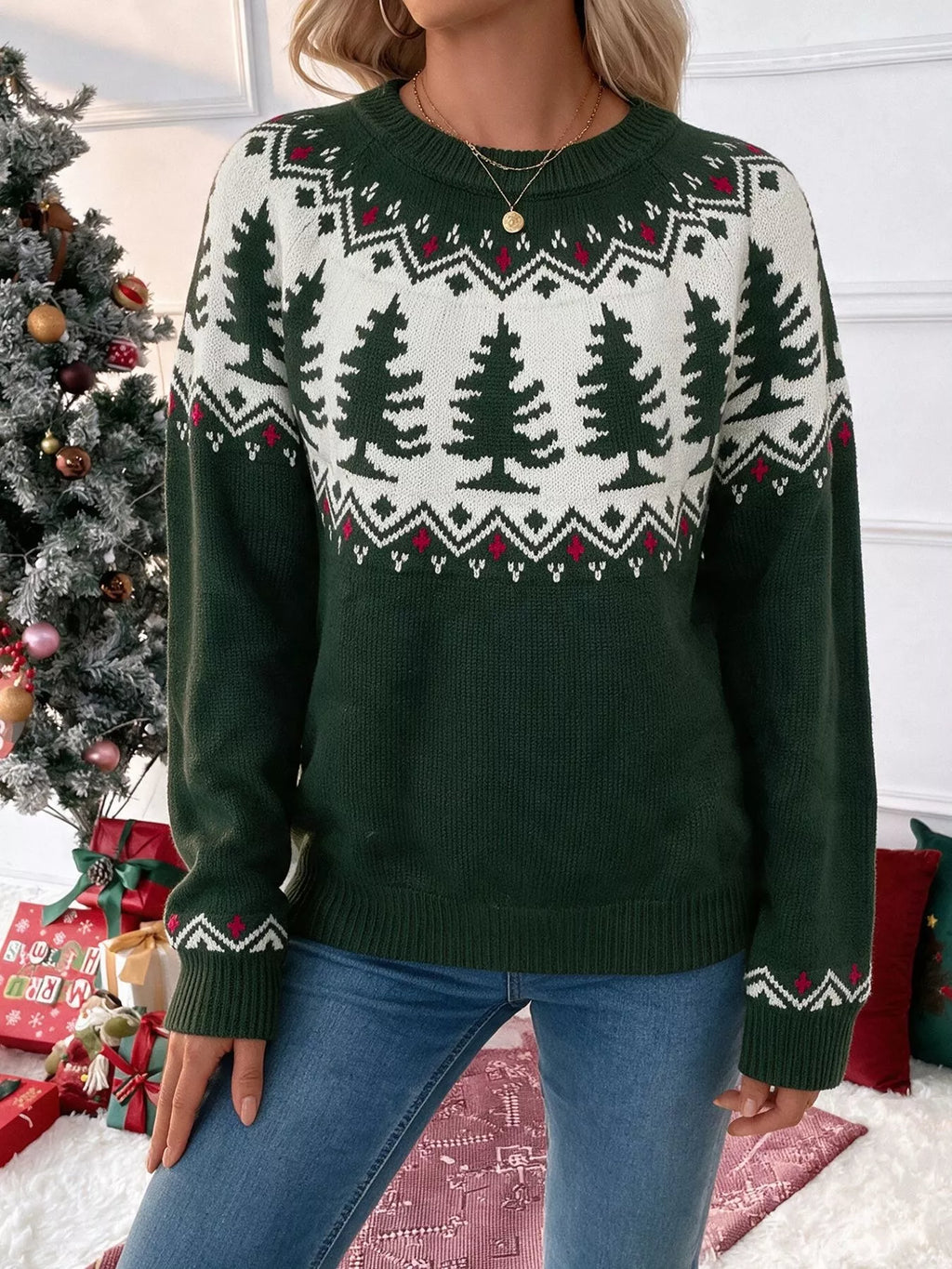 Dark green Christmas tree pattern round neck sweater, view 3