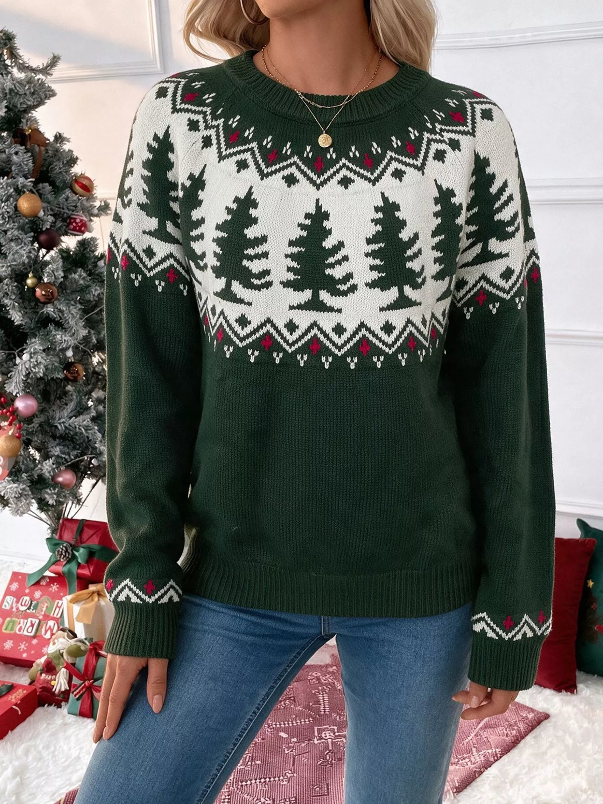 Dark green Christmas tree pattern round neck sweater, view 3
