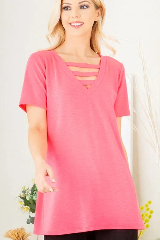 Plus size Heimish V-neck short sleeve T-shirt with bar detail, featuring a stylish and comfortable fit in black.