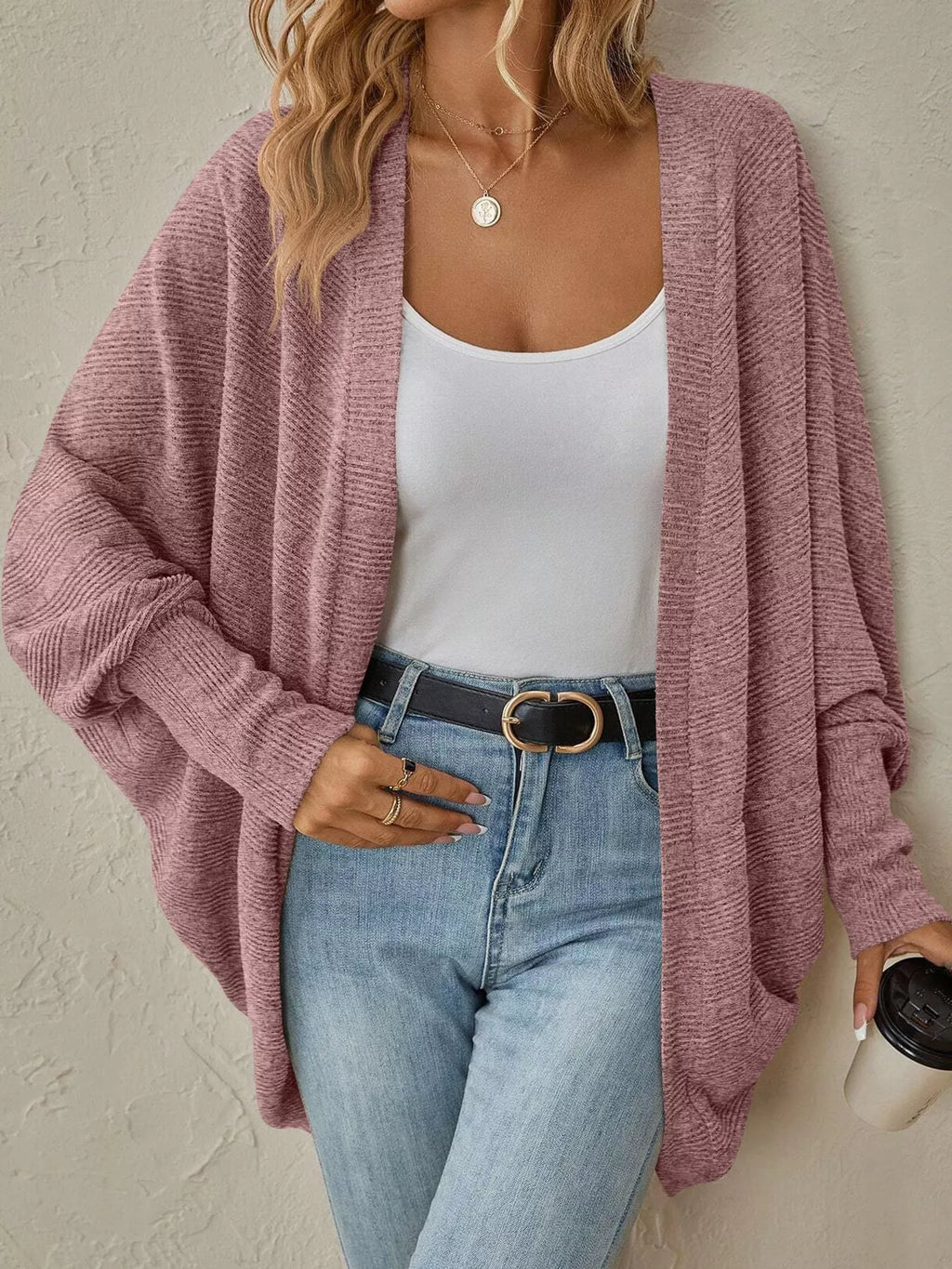 Open-front ribbed batwing sleeve cardigan, view 9
