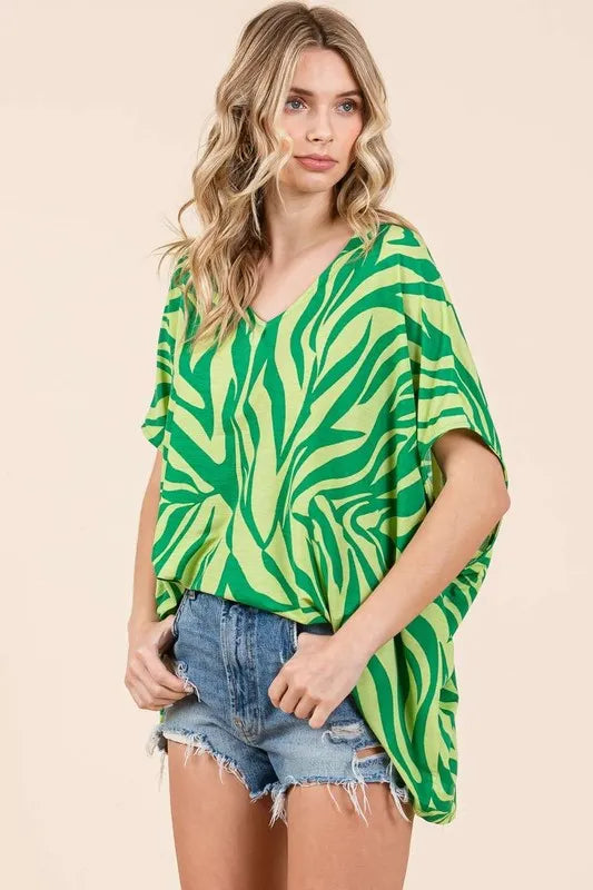 Zebra print V-neck short sleeve oversized top by Trendsi, featuring black and white bold animal pattern and relaxed fit.