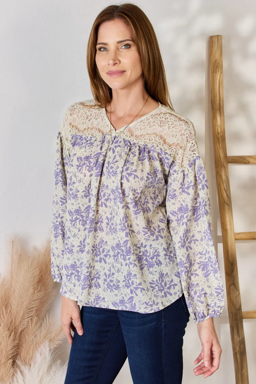 Hailey & Co printed blouse with lace detail, full size, lightweight fabric, long sleeves, and stylish design.