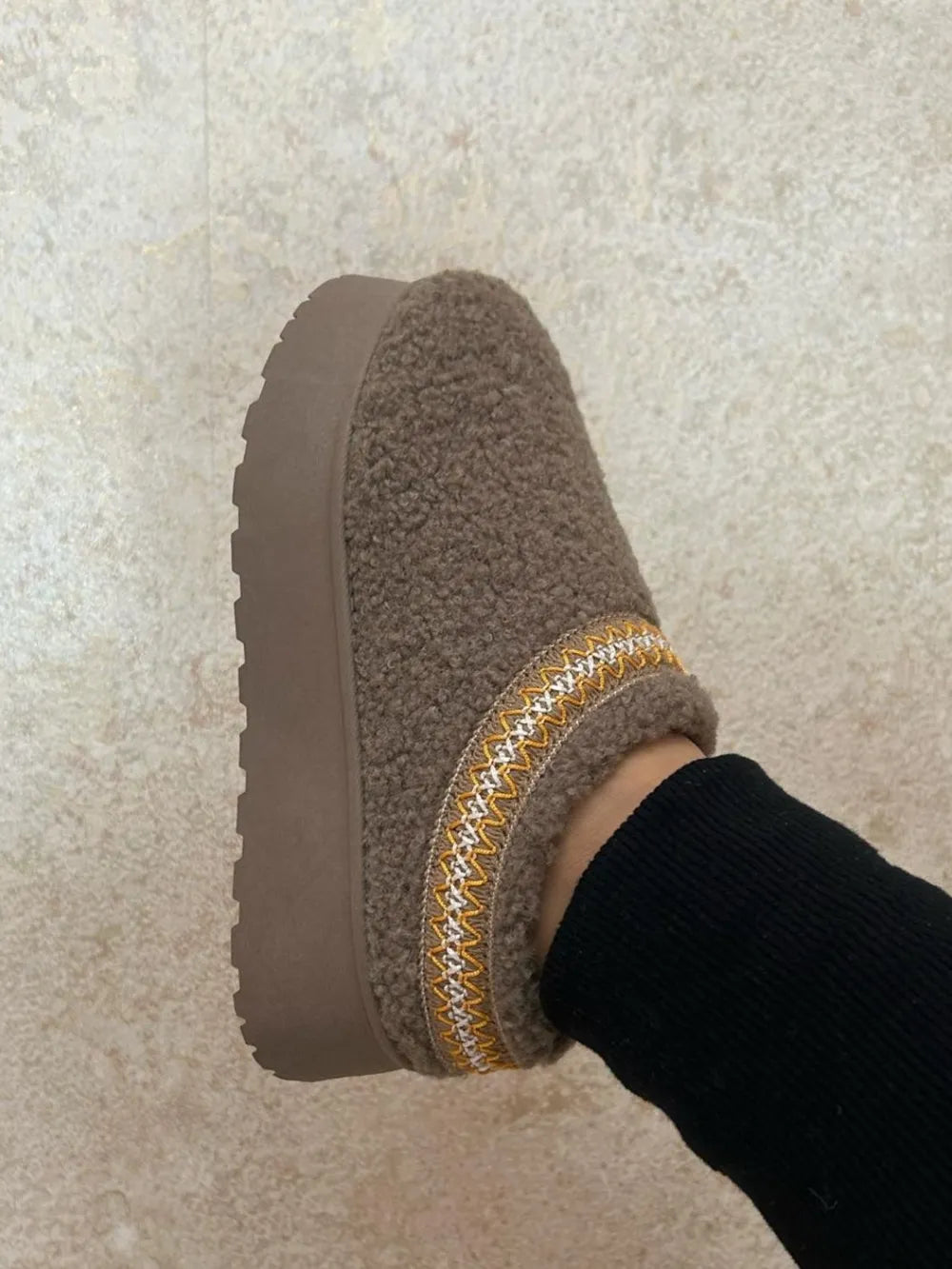 Wild Diva embroidered trim platform Sherpa boots with chunky sole and cozy fur lining, stylish and warm winter footwear.