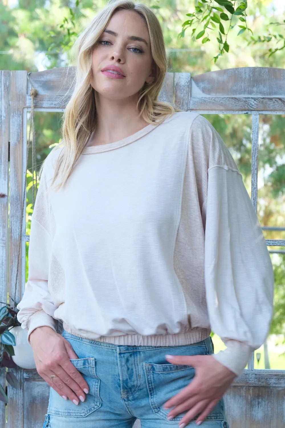 Hailey & Co ribbed and two-tone knit mixed top in neutral tones, featuring a stylish, textured design.
