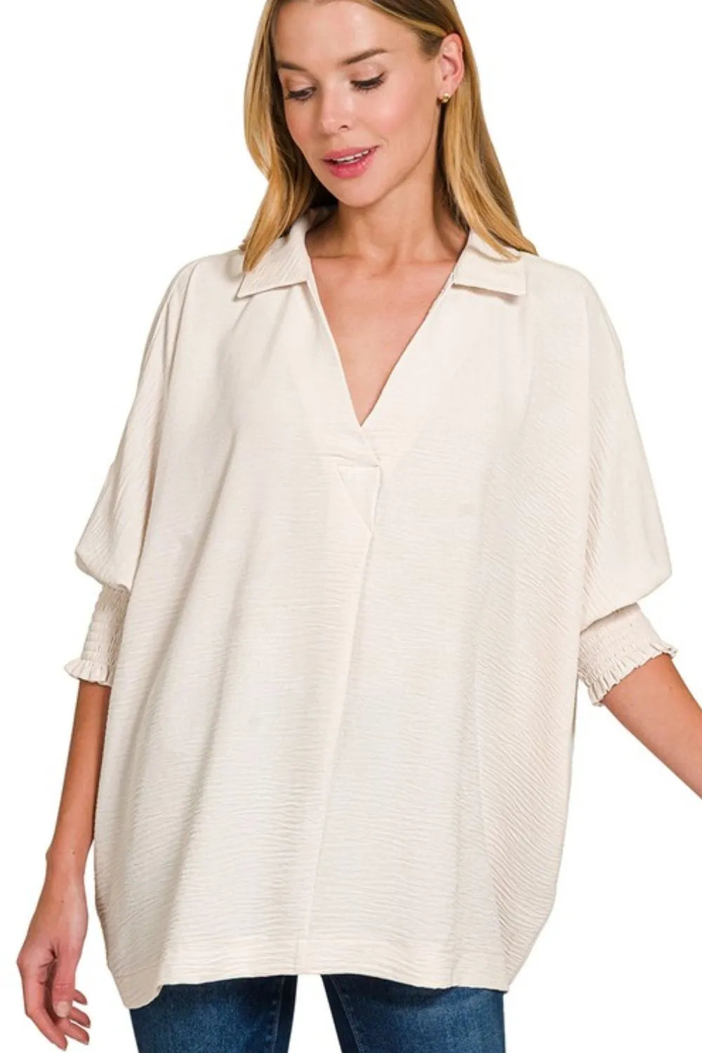 Zenana Airflow Collar Tee with smocked sleeve band, casual top featuring a comfortable collar and stylish sleeve detail.