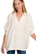 Zenana Airflow Collar Tee with smocked sleeve band, casual top featuring a comfortable collar and stylish sleeve detail.