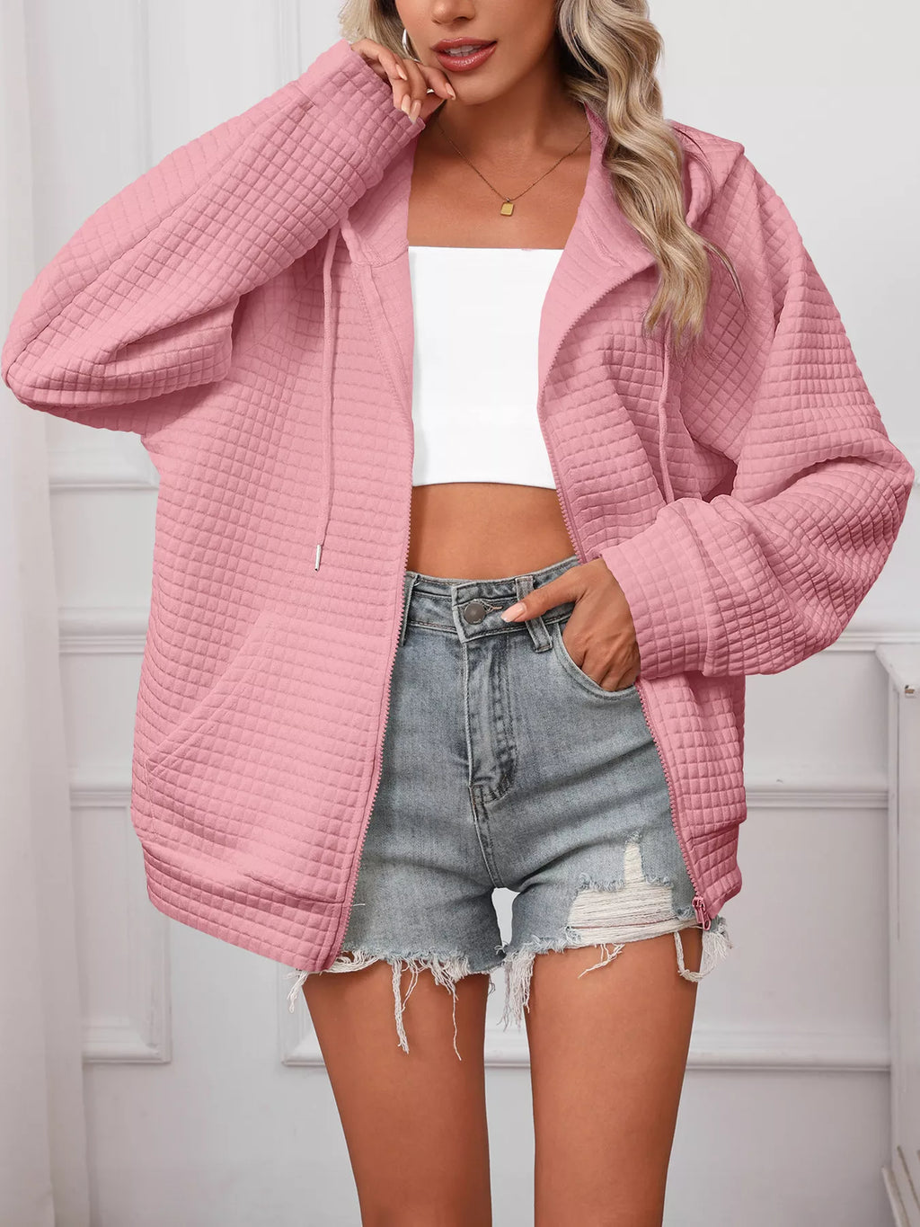 Plus size textured quilted zip-up hooded jacket, view 10