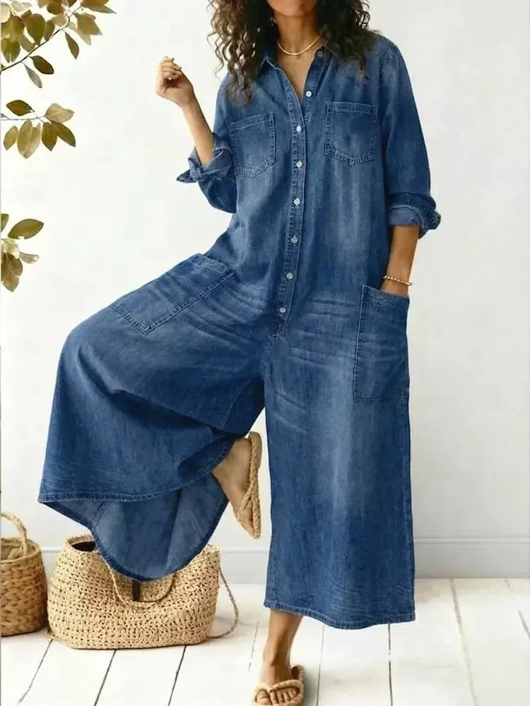 Plus size Trendsi full size button front wide leg jumpsuit with chest pockets, featuring a stylish and comfortable design.