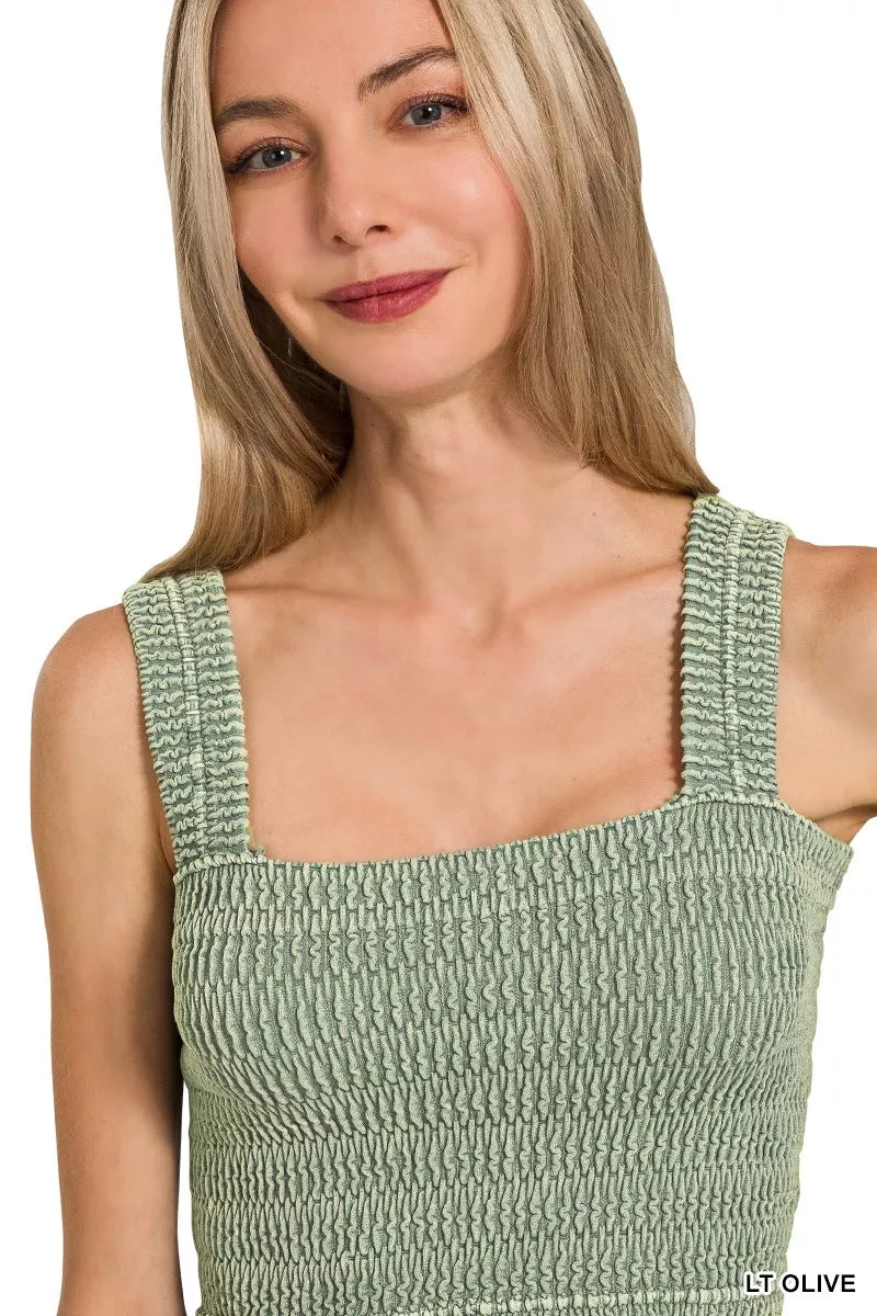 Zenana seamless winkle stone washed bra top featuring soft fabric and a comfortable fit, ideal for casual or layered wear.