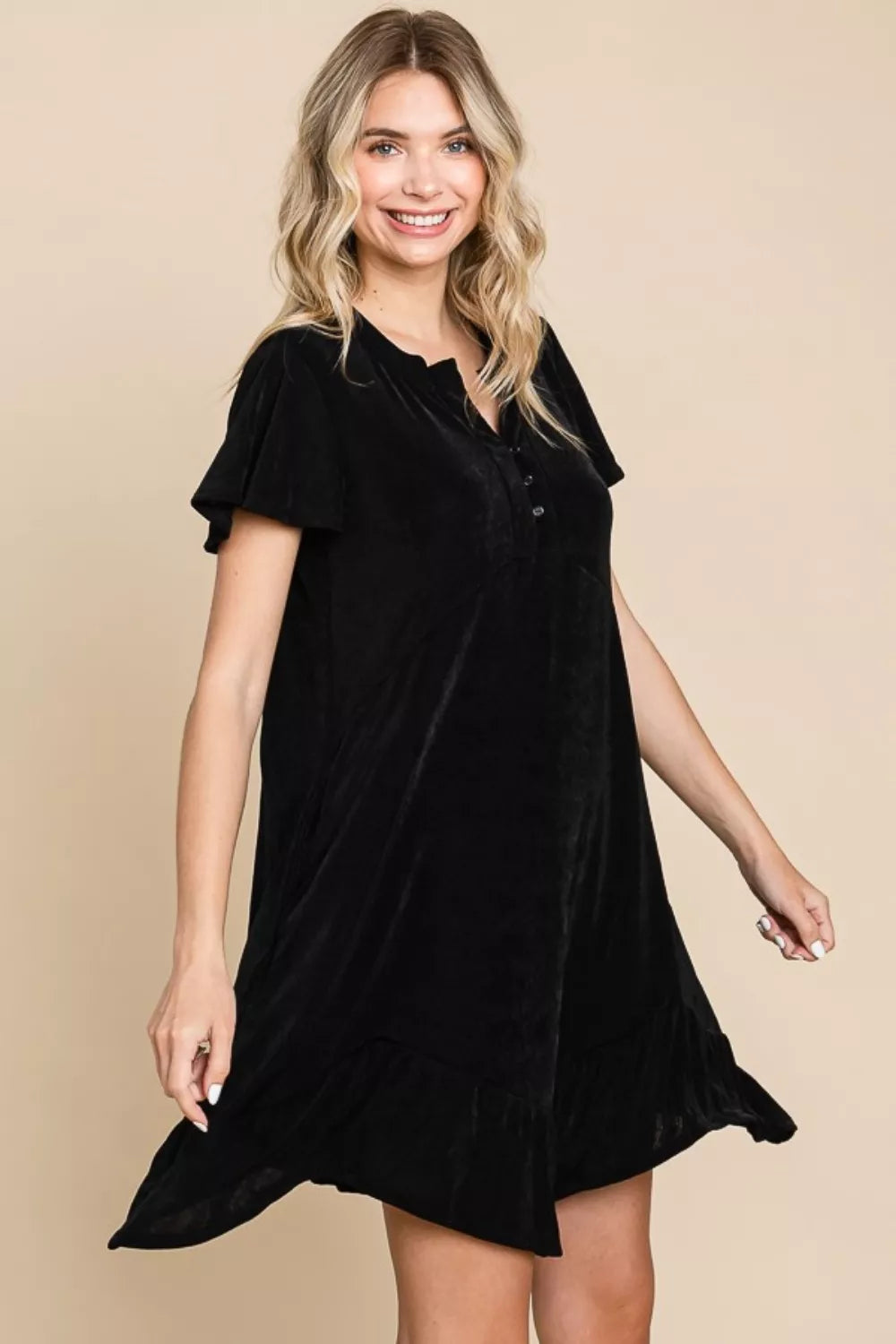 Trendsi Culture Code full size short sleeve dress with ruffled, asymmetric hem, casual and stylish for warm weather.