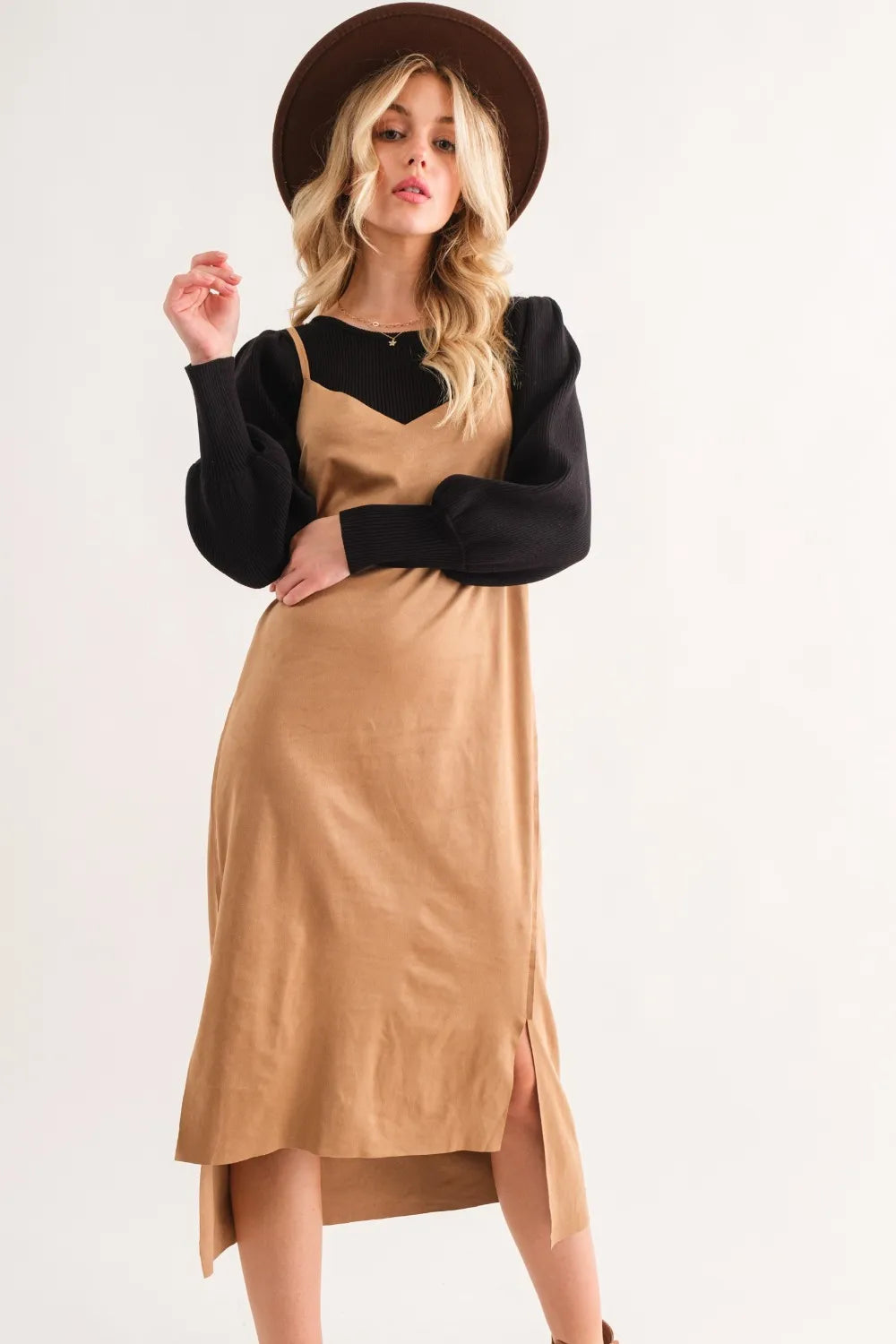 Faux suede slit midi cami dress by Trendsi featuring a cut edge design and a sleek, fitted silhouette in a neutral tone.