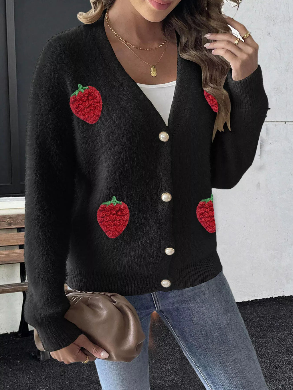 Fuzzy knit cardigan with strawberry appliques, view 7