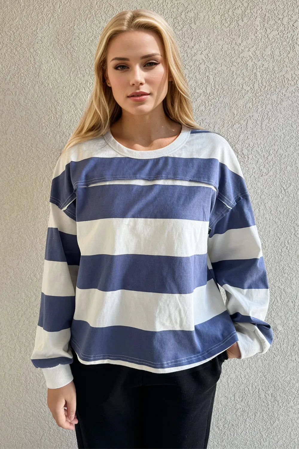 Oh Pima Cotton long sleeve T-shirt by Trendsi featuring contrast striped pattern, exposed seams, and round neckline.