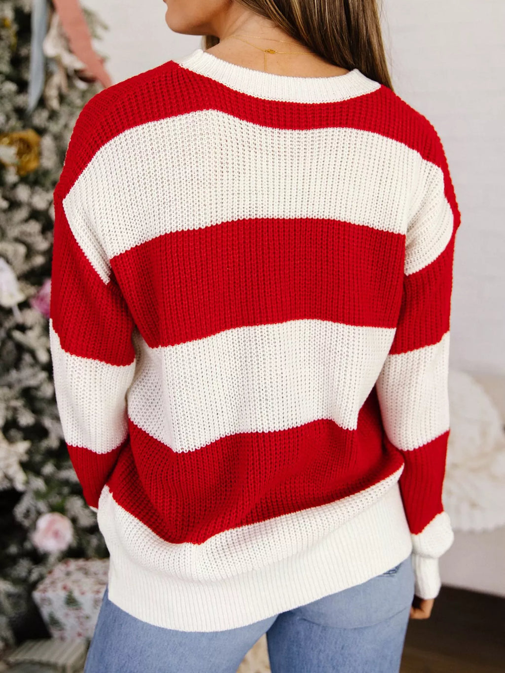 Scarlet striped MERRY Christmas sweater with drop shoulders, view 3