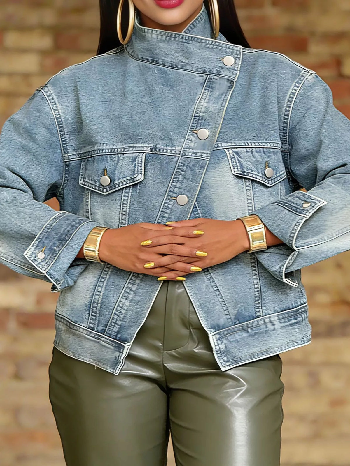 Light blue asymmetric button-up denim jacket