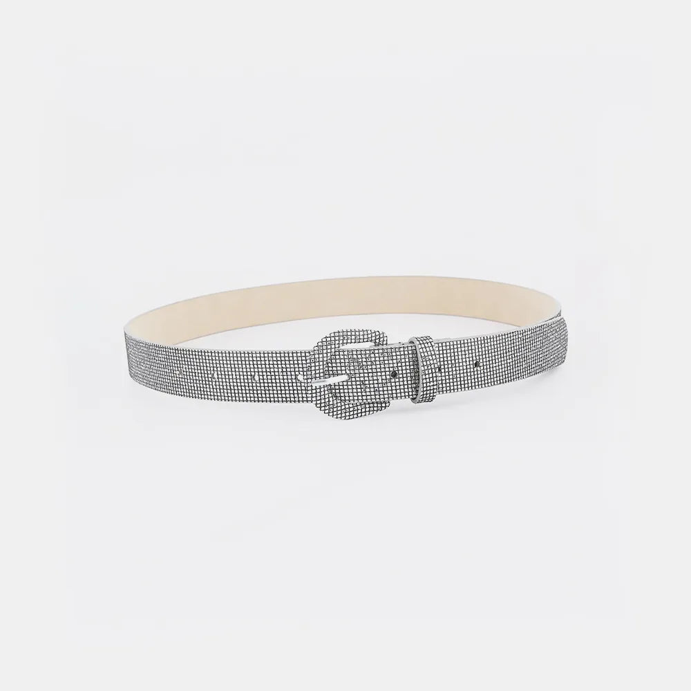 Shiny sequin PU leather belt with a metallic buckle, stylish accessory for outfits, by Trendsi.