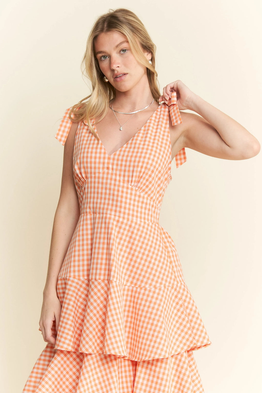 Jade by Jane sleeveless gingham print tiered midi dress with ruffled hem, perfect for casual summer wear.