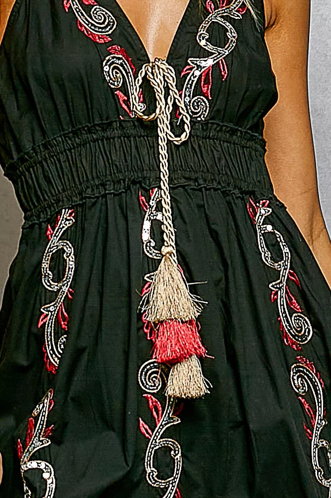 Trendsi POL embroidered tassel tie smocked waist midi tiered cami dress with embroidery and tassel details, perfect for summer wear.