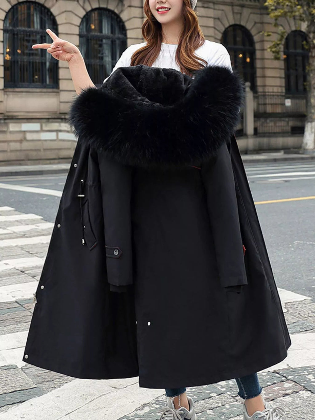 Longline hooded parka with faux fur trim and drawstring waist, view 15