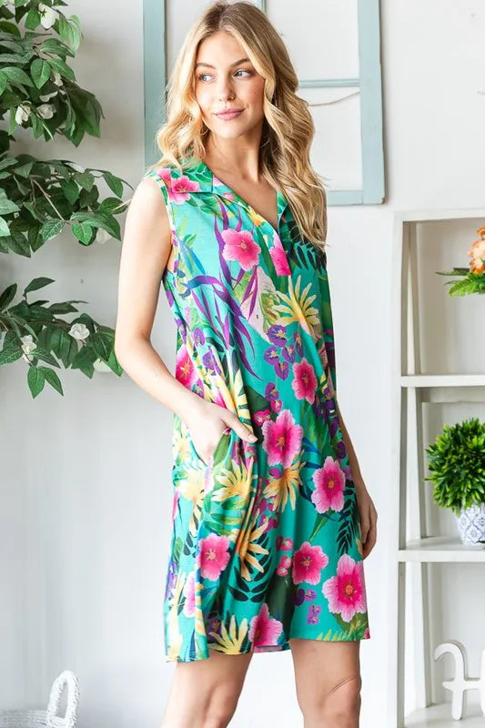 Heimish floral sleeveless dress with Johnny collar, plus size, featuring a full-length design and vibrant floral pattern.