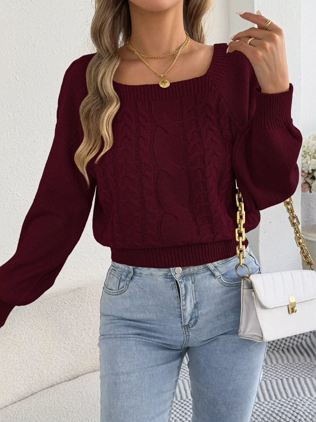 Square neck cable knit sweater, view 10