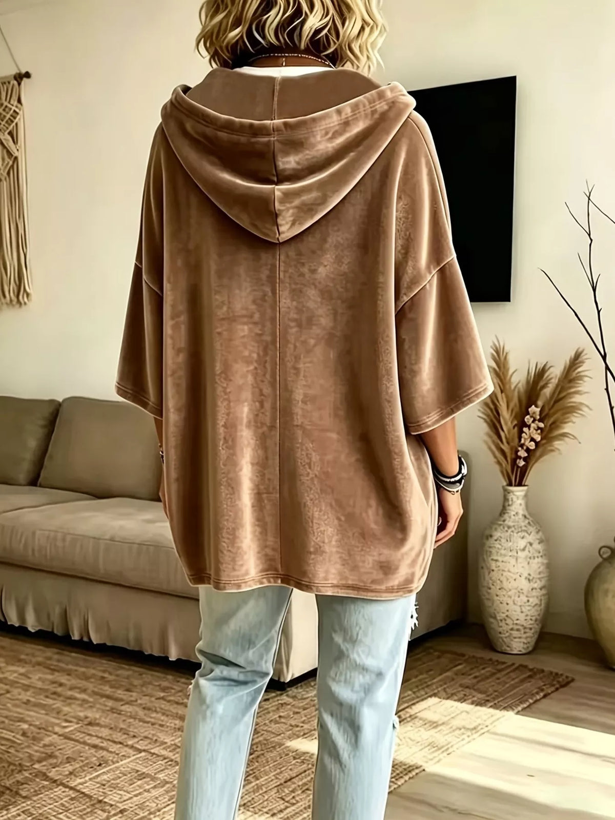 Plus size velvet 3/4 sleeve hoodie with kangaroo pocket, view 7