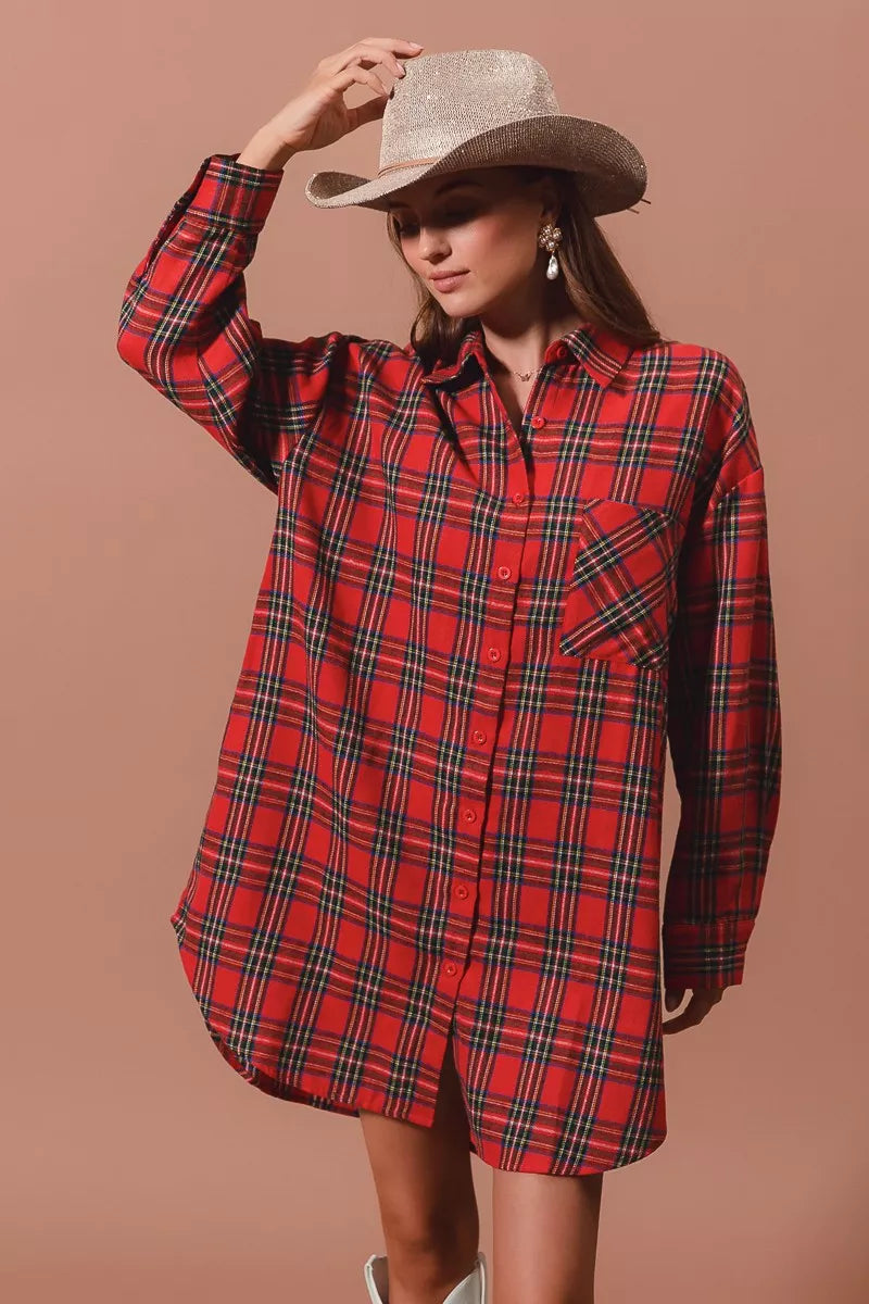 Red checker plaid button-up Christmas shirt dress
