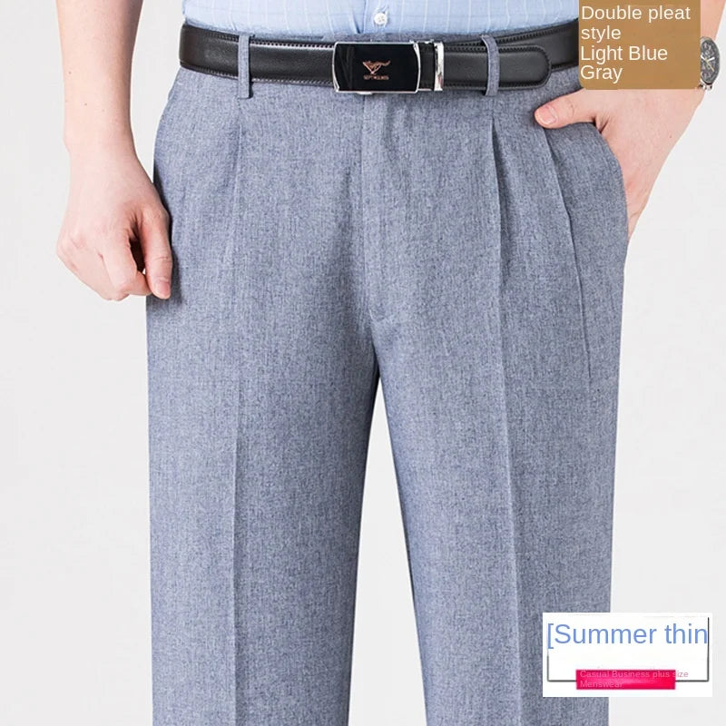 High Waist Silk Thin Suit Pants Men Double Pleated Summer Dress Trousers For Male Formal Pants Business Size 29-50 52 54 56
