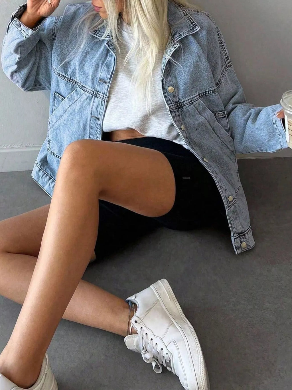 Light blue button-up dropped shoulder denim jacket, view 4