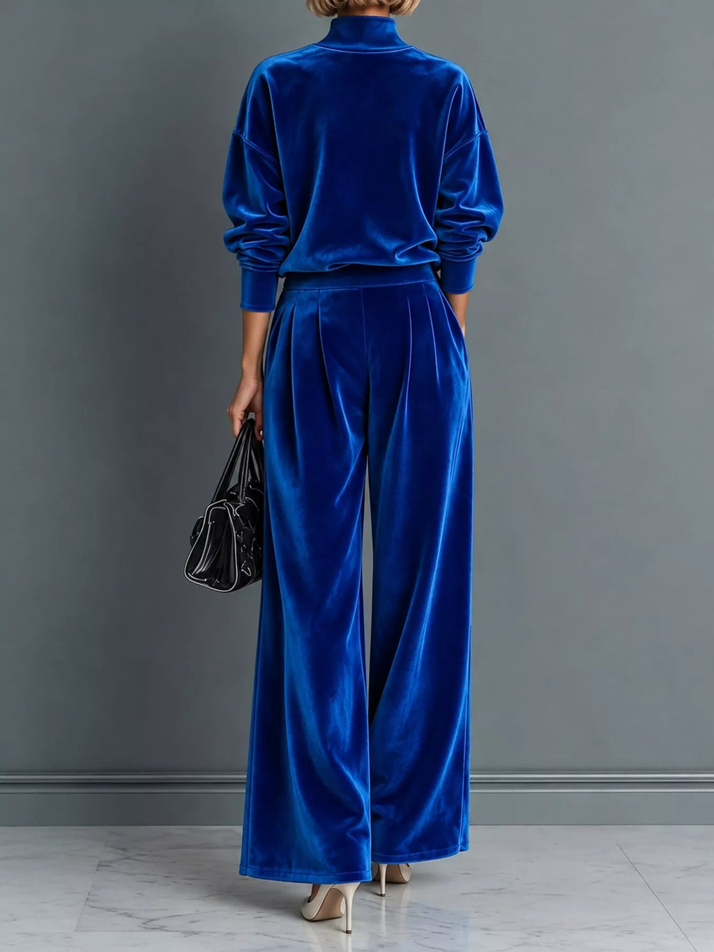 Velvet mock neck long sleeve top and wide-leg pants set by Trendsi, featuring a soft, luxurious fabric in a stylish coordinated outfit.