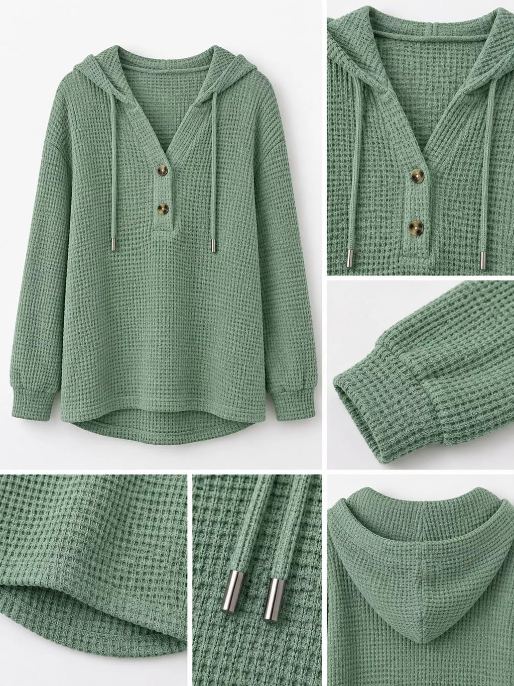 Plus size waffle knit half-button drawstring hoodie, view 59