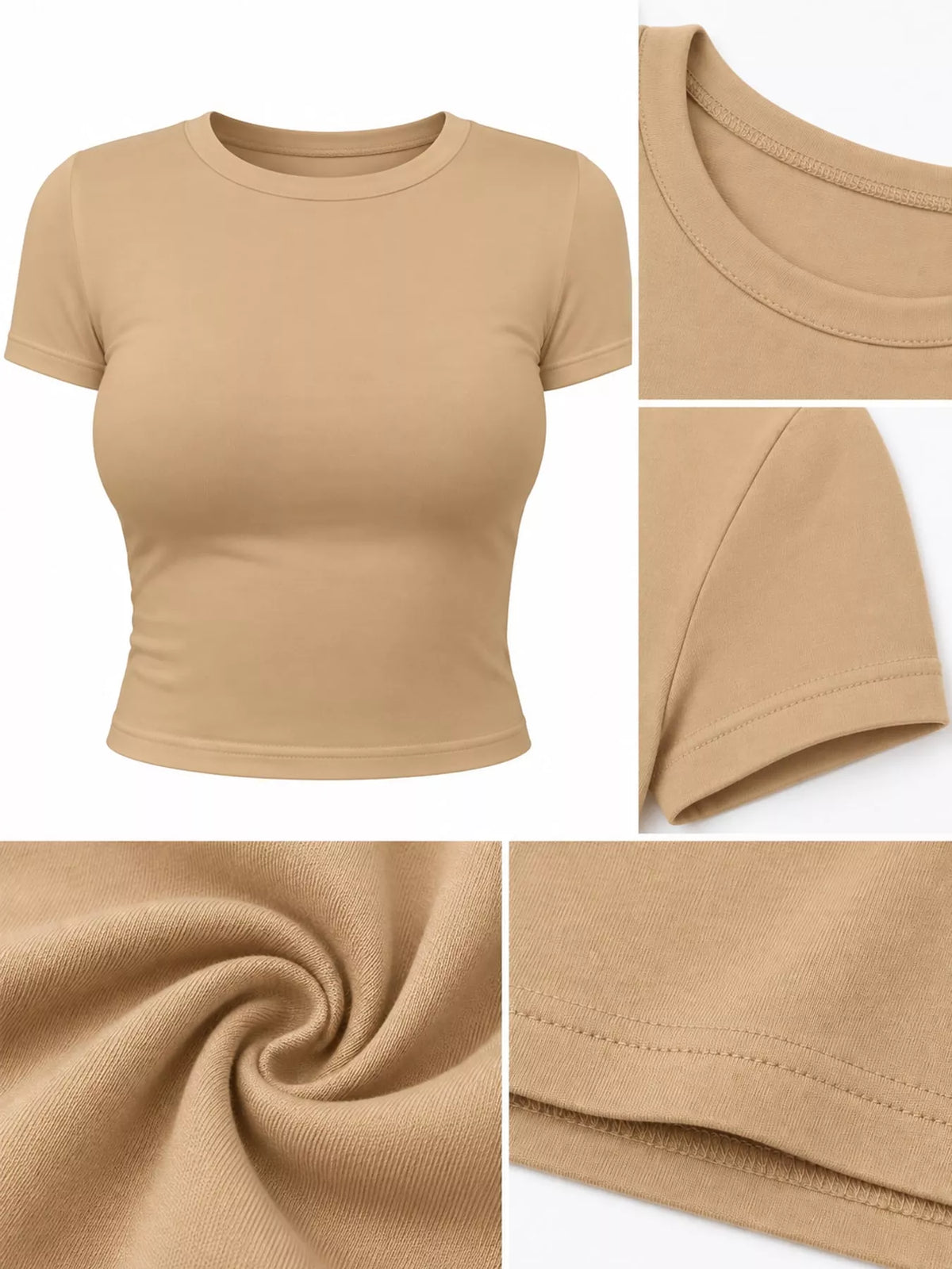 Slim fit basic crew neck short sleeve crop T-shirt by Trendsi, shown in black, featuring a classic crew neckline and cropped style.