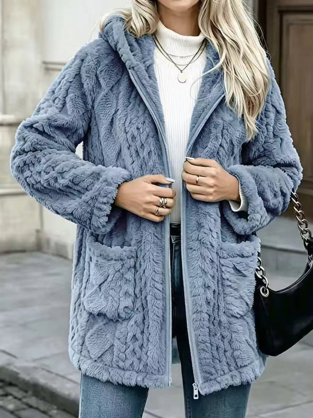 Faux fur hooded zip-up jacket