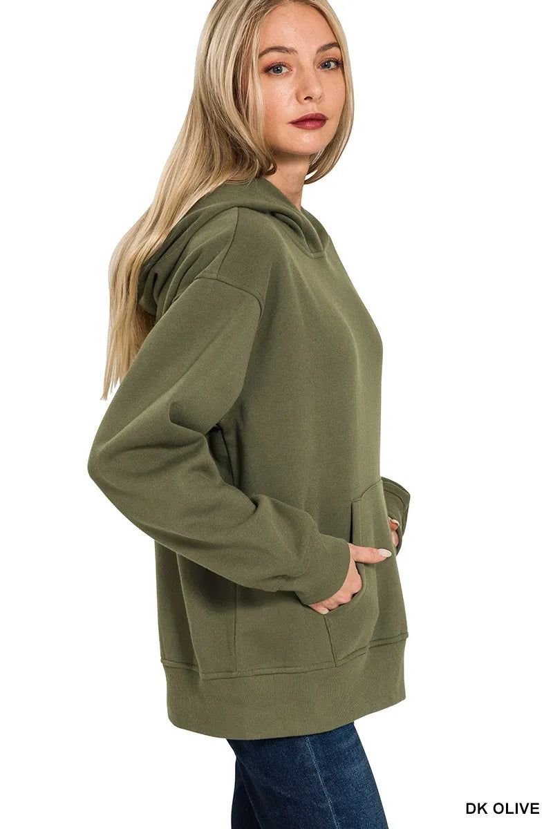 Gray Zenana fleece kangaroo pocket hoodie by Trendsi featuring a cozy hood and relaxed fit, perfect for casual wear.