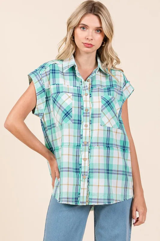 Mineroshop Mineral Wash Plaid Button-Down Shirt in neutral tones, featuring a classic collar and button front, casual and stylish.