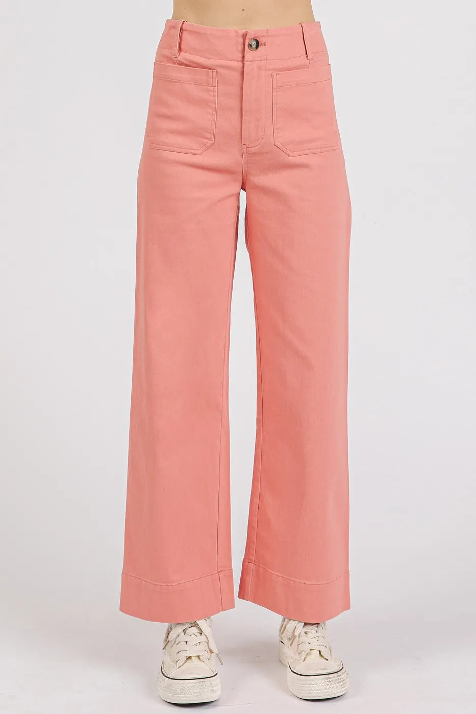 Trendsi Mittoshop high-rise wide-leg pants with twill fabric and patch pockets, showcasing a stylish, relaxed fit.