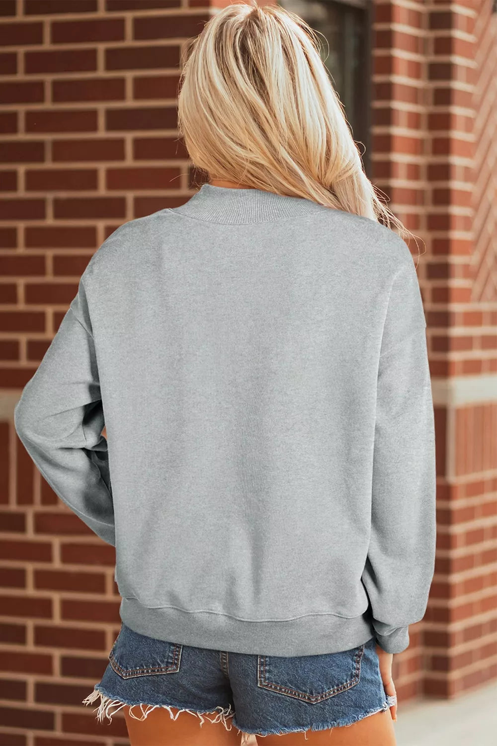 Gray oversized mock neck sweatshirt with western mallard duck print, view 7