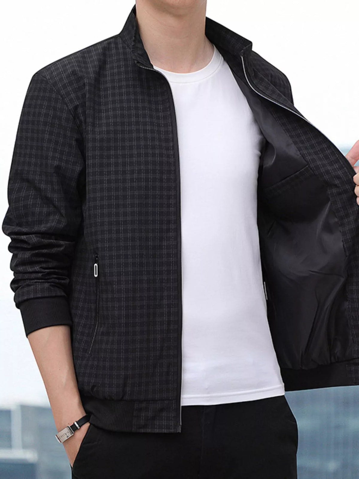 Men's plus size plaid lightweight zip-up jacket, view 5