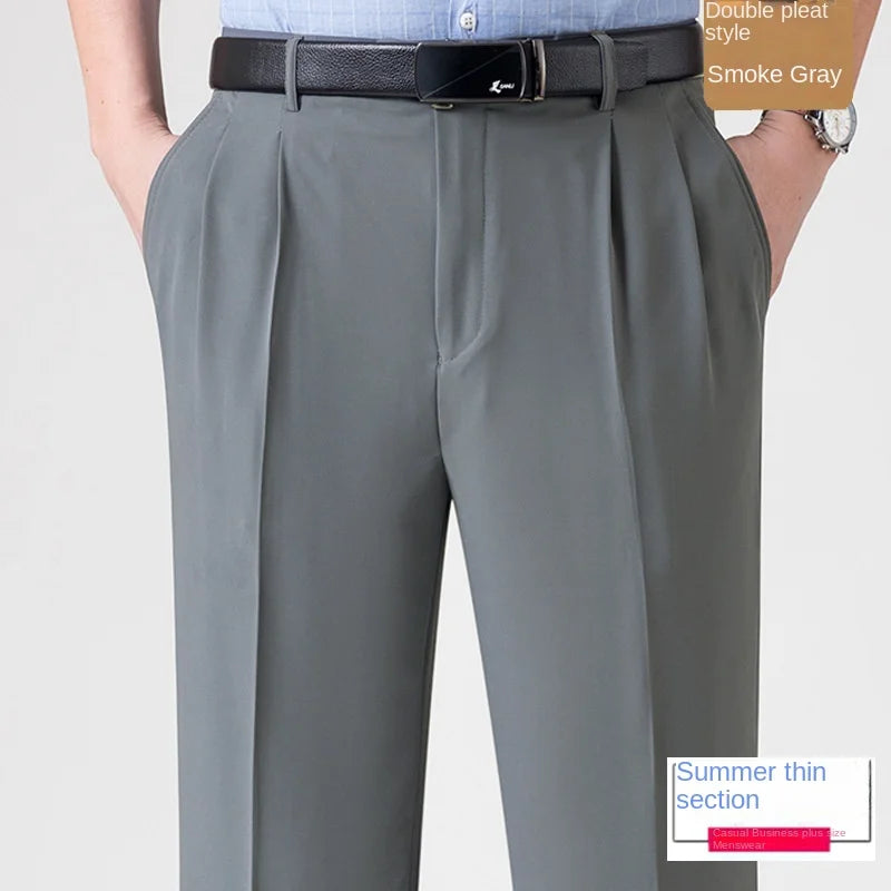 High Waist Silk Thin Suit Pants Men Double Pleated Summer Dress Trousers For Male Formal Pants Business Size 29-50 52 54 56