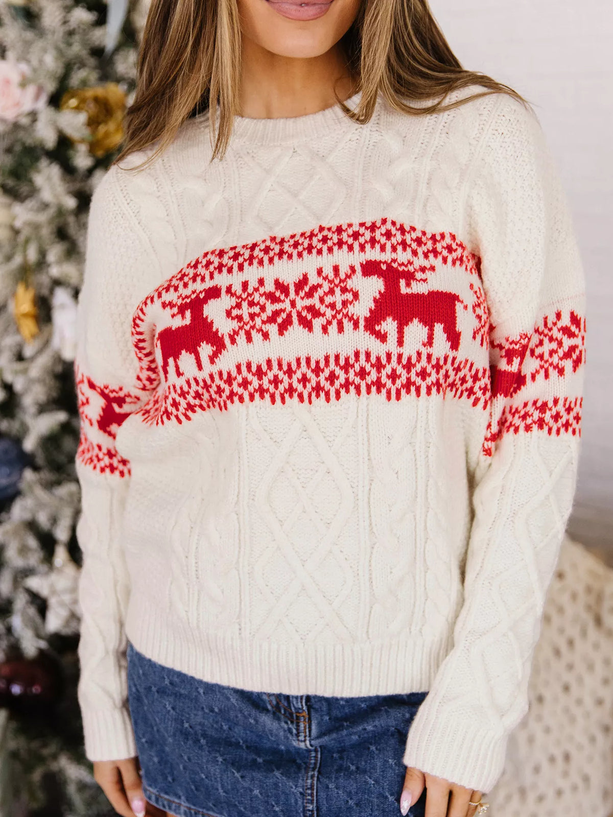 Cream reindeer pattern cable knit Christmas sweater