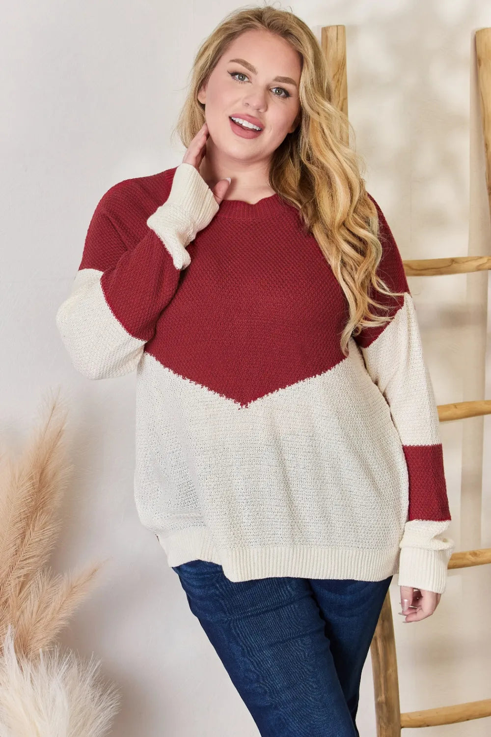 Color block dropped shoulder knit top by Hailey & Co, full size, featuring a stylish color block design and relaxed fit.