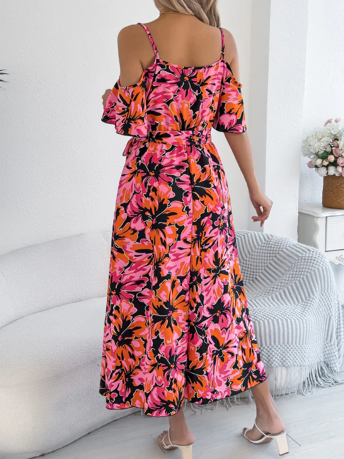 Printed cold shoulder midi cami dress by Trendsi featuring a flowy silhouette and stylish shoulder cutouts.