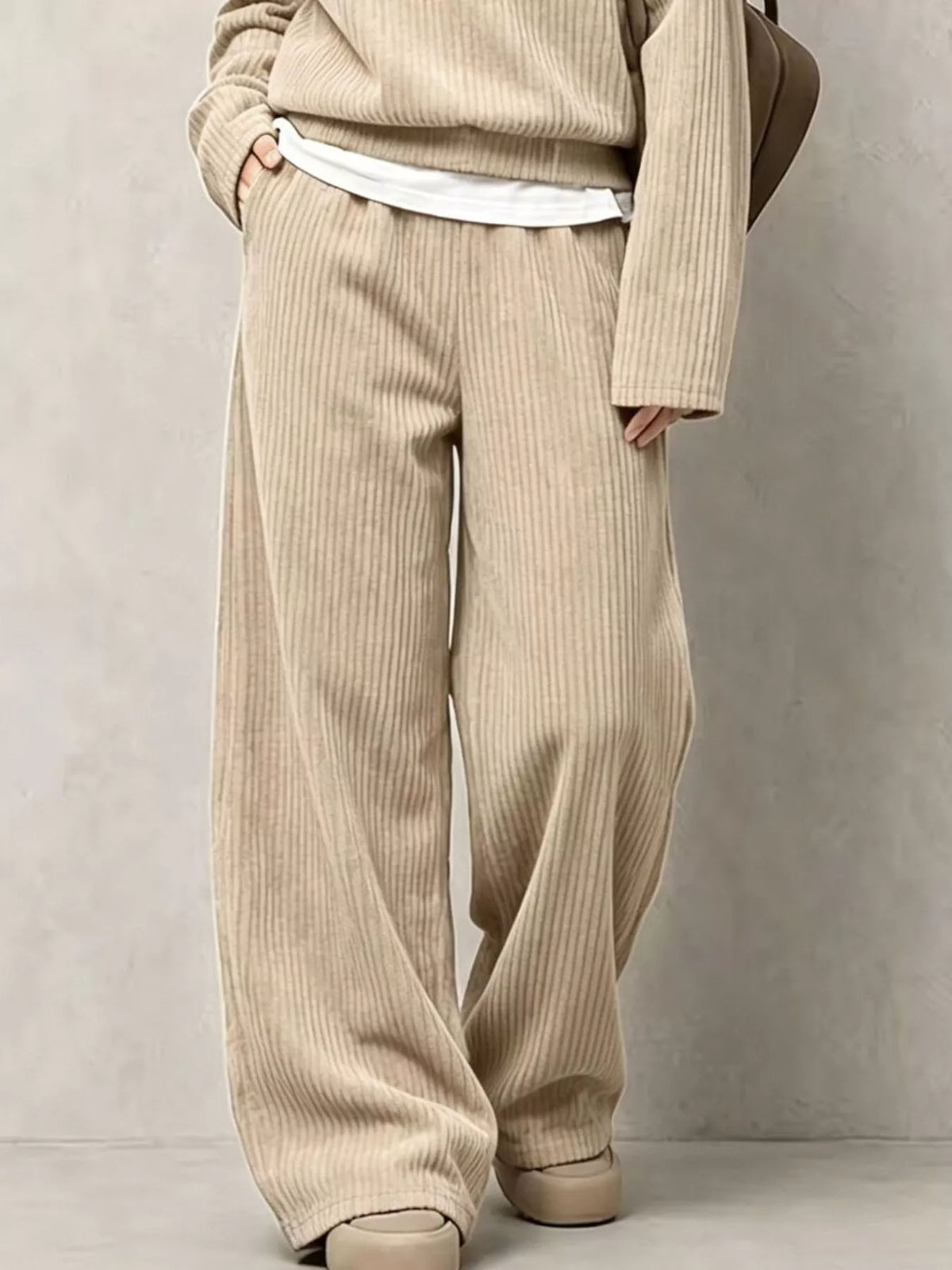 Corduroy button detail top and wide-leg pants set, view 12