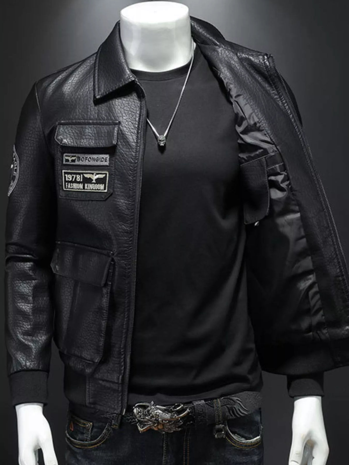Men's black plus size zip-up bomber jacket, view 2