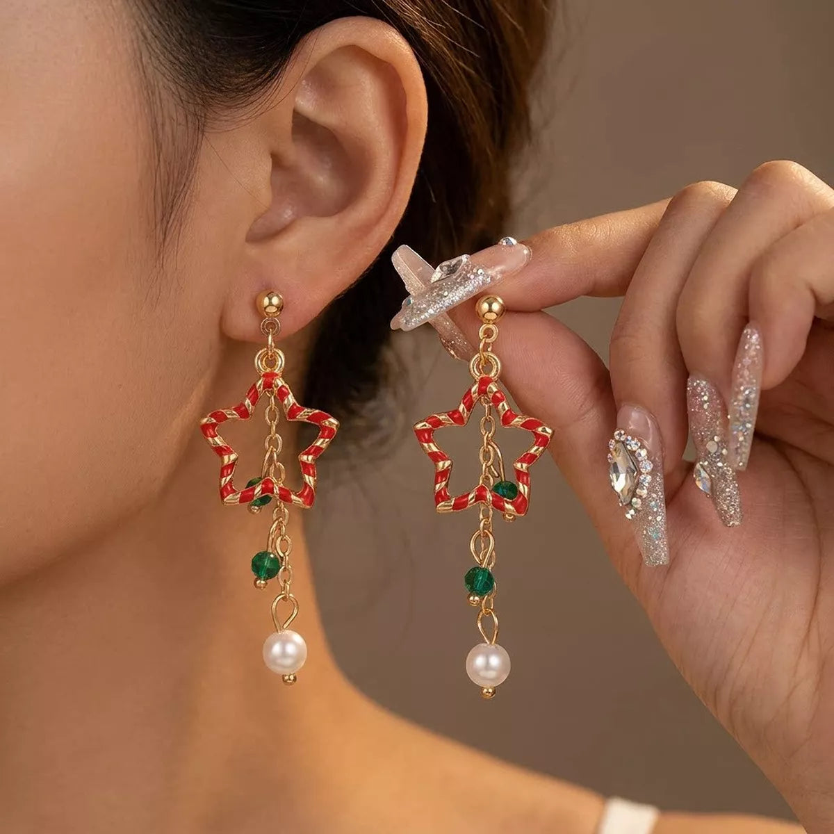 Christmas theme earrings with pearl and zircon, view 6