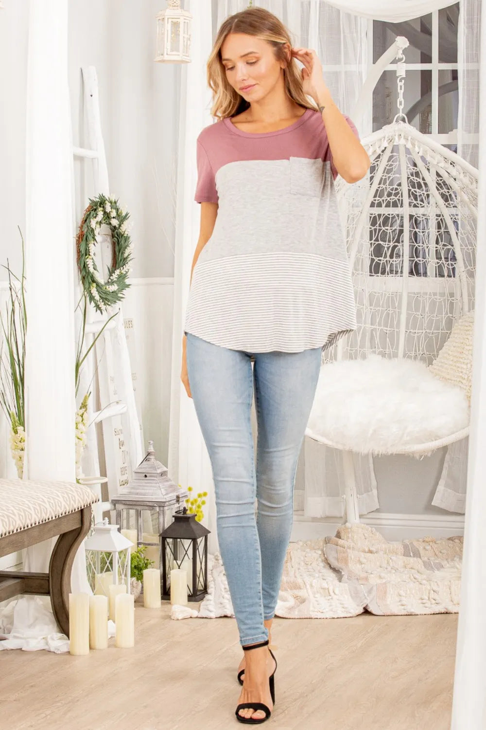 Heimish Color Block Striped Round Neck Short Sleeve T-Shirt with vibrant color blocks and classic fit, casual fashion for everyday wear.